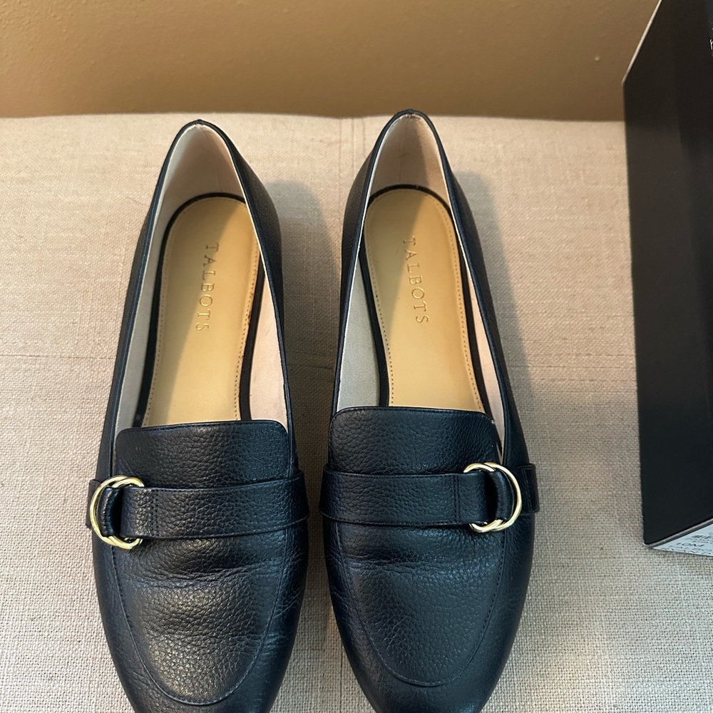 Talbots Black Loafers with Gold Buckle
